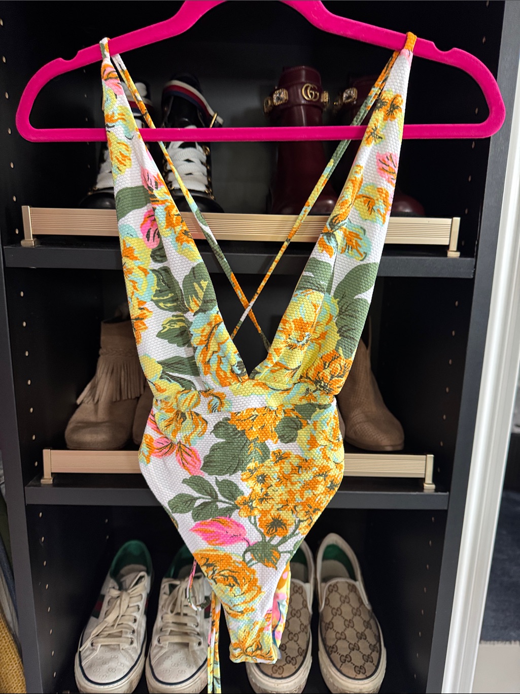 Maaji Yellow Floral One-Piece Swimsuit With Green Leaves And Pink Accents